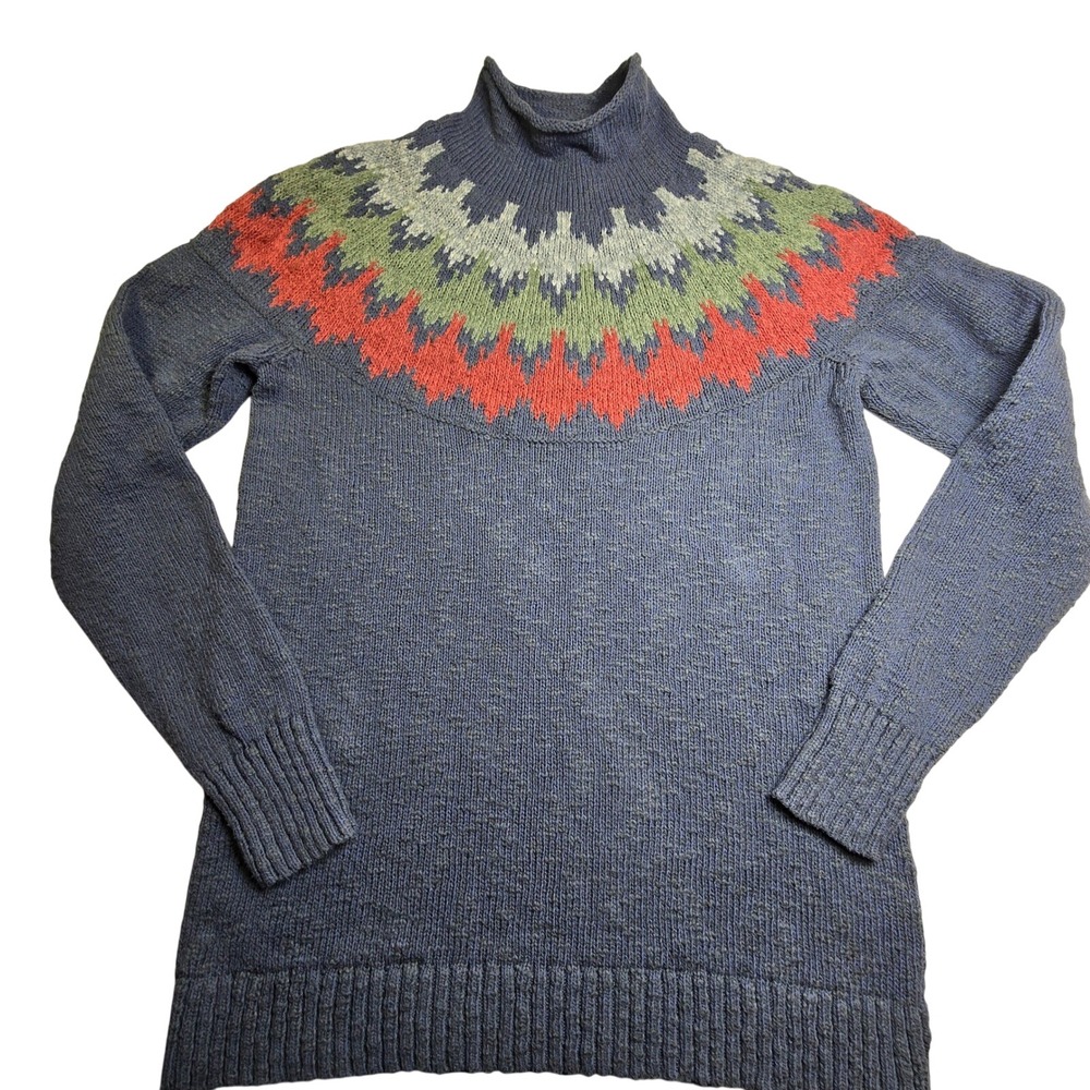 Y2K LL Bean Roll Neck Fair Isle Cotton Sweater Small Womens Ski Nordic Blue